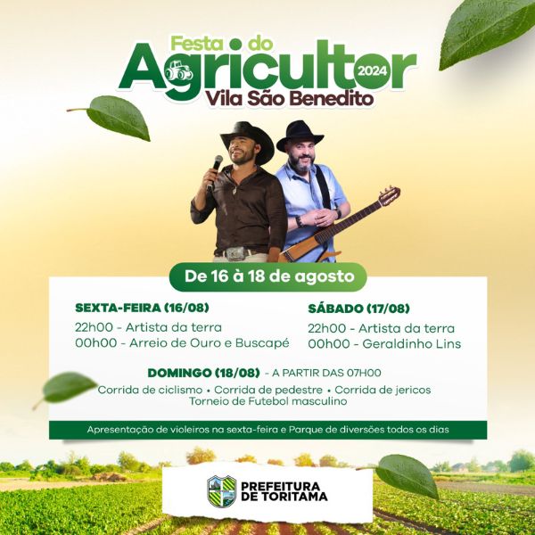 GERALDINHO LINS, ARREIO DE OURO E BUSCAPÉ SÃO AS PRINCIPAIS ATRAÇÕES DA FESTA DO AGRICULTOR 2024, EM TORITAMA